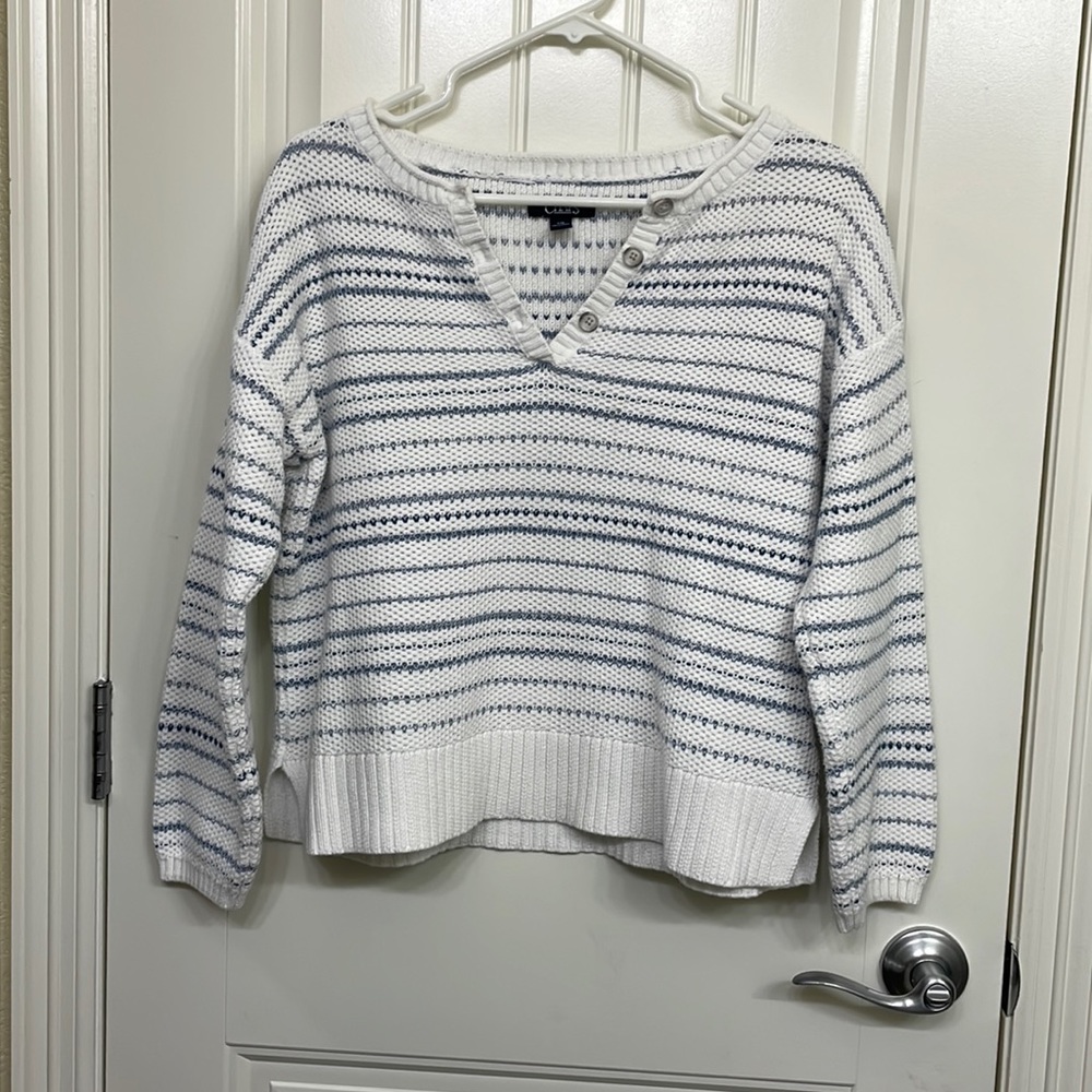 Chaps‎ V Neck Pullover Sweater blue and white striped- Size L
